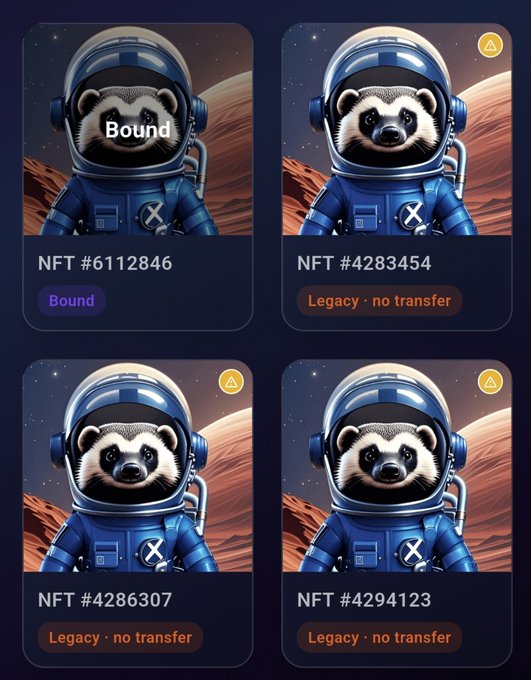 Four NFT cards featuring cartoon raccoons in blue astronaut suits, labeled 'Bound' (NFT #6112846) and 'Legacy · no transfer' (NFT #4283454, #4286307, #4294123) on a dark starry background.