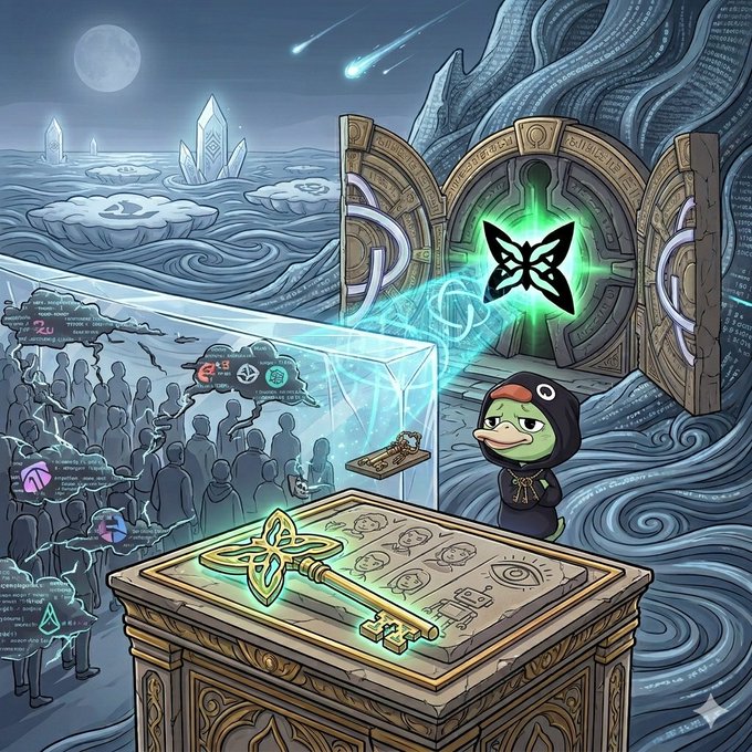 The image features a cartoon illustration of a young boy wearing a black hoodie standing next to an open door, which appears to be a portal or entrance to a magical world. The boy seems to be looking at something inside the portal, possibly a key that is located on a table in front of him. The background of the image shows a blue sky with clouds and mountains, creating a sense of wonder and adventure. The post also mentions the importance of focusing on signals rather than noise in the web3 world, which can be related to the boy's search for the key by emphasizing the need to pay attention to relevant information or clues that might lead to finding the right path or solution.