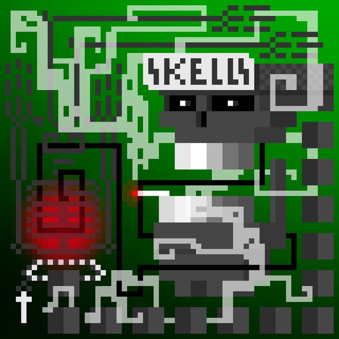 Pixel art depicting a skeletal figure with a 'SKELE' sign on a green background, with a red lantern and a cross nearby.