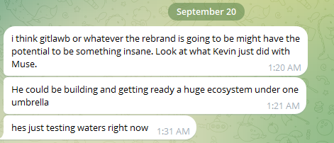 A screenshot of a September 20 text message exchange showing messages speculating that the Gitlawb rebrand could become something significant like Kevin Muse did with Muse, potentially building a "huge ecosystem under one umbrella," with the holder "testing waters right now."