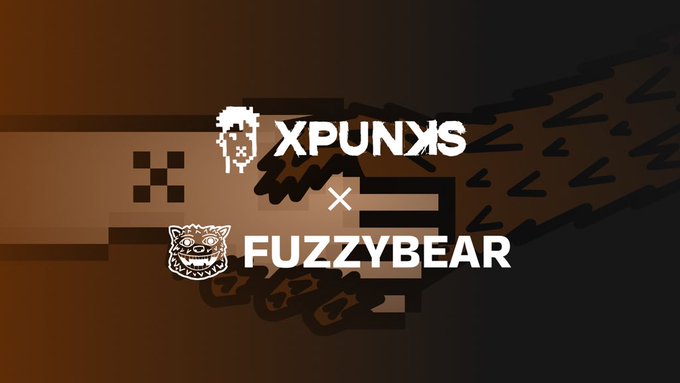 The image displays a collaboration graphic featuring the "XPUNXS" and "FUZZYBEAR" logos with a small "x" between them, set against a dark brown background with pixelated ZX-Spectrum-style graphics. The graphic visually represents the partnership between the two brands referenced in the post about coopetition and ecosystem growth on the XRPL.