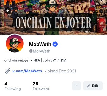 The image shows a Twitter/X profile for "MobWeth" (@MobWeth) with the banner "ONCHAIN ENJOYER," indicating a crypto-focused account.

The image doesn't directly relate to the post about trending tokens by market cap, but suggests the profile belongs to someone who actively shares cryptocurrency market insights, such as the trending tokens list mentioned.