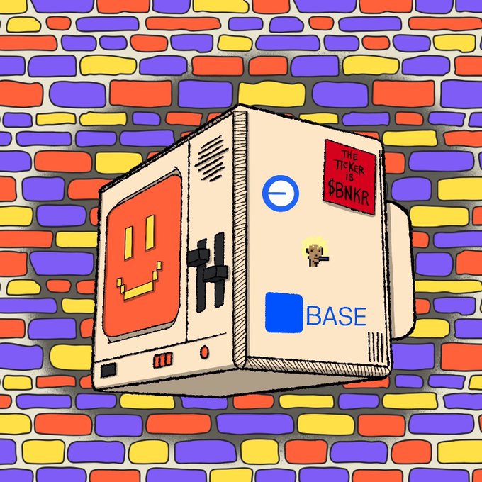 The image features a cartoon-style microwave with stickers on its front, including one that reads "base", another that says "the ticker bnkr", and a third sticker that has an arrow pointing downwards. The microwave appears to be floating in space or hovering above a brick wall, creating a whimsical scene.