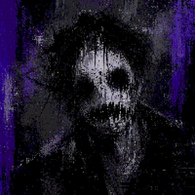 A dark, glitchy pixel art image depicting a skull-like face with hollow black eyes against a deep purple background.