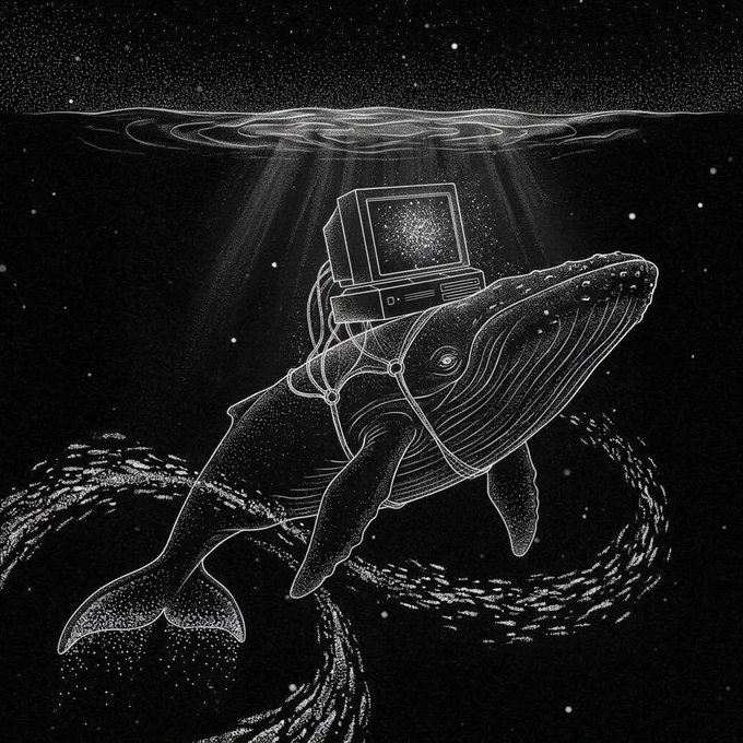 Black-and-white illustration of a whale swimming underwater with a vintage computer monitor strapped to its back, surrounded by school of fish and stars.