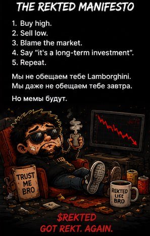 A satirical poster titled 'THE REKTED MANIFESTO' lists a five-step ironic investment guide ('Buy high, Sell low, Blame the market, Say it's a long-term investment, Repeat') with Russian text beneath, featuring a cartoon man lounging in a chair with a downtrending chart and mugs reading 'TRUST ME BRO' and 'REKTED LIES BRO.'