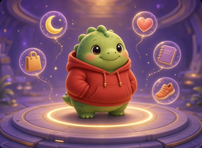 A 3D-rendered illustration of a cute green dinosaur-like creature wearing a red hoodie, standing on a glowing circular platform, surrounded by floating bubbles containing icons of a moon, heart, handbag, book, and shoe.