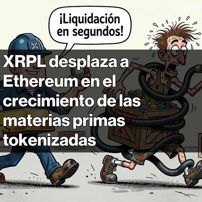 A cartoon illustration overlaid with Spanish text reading '¡Liquidación en segundos!' and 'XRPL desplaza a Ethereum en el crecimiento de las materias primas tokenizadas,' depicting one character handing items to a panicked man tangled in tubes.