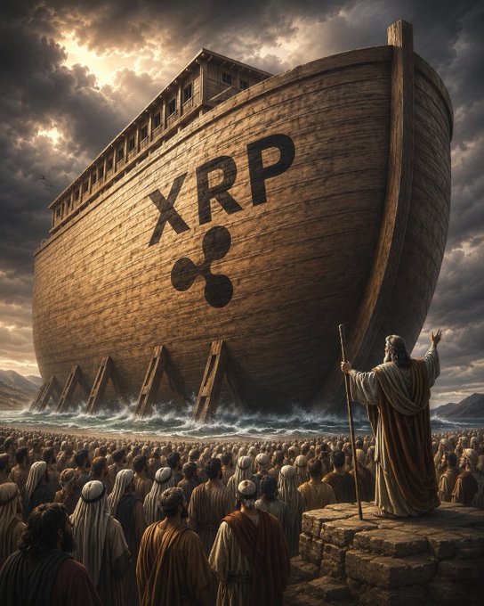 A massive wooden ark emblazoned with "XRP" and the Ripple logo towers over a crowd gathered below, where a robed figure resembling Noah gestures toward it as dramatic storm clouds loom overhead. The image evokes the post's message of XRP as a "lifeboat" investment, positioning the cryptocurrency as a vessel of salvation amid regulatory uncertainty—visually reinforcing the idea of buying into XRP as a safe haven now that its legal clouds have cleared.