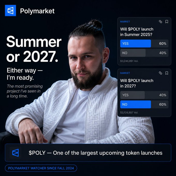 The image features a man sitting down with his arms crossed, wearing a white jacket. The background of the image is black, making him stand out against it. Below the man's photo, there are two questions displayed that read "Summer or 2027?". One question asks if he prefers summer or 2027, and the other question inquires about his readiness for the upcoming token launch.