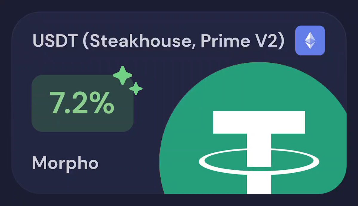 The image features a graphic with a circular shape, set against a dark blue background. Inside the circle, there's a green oval containing white text that says "7.2% USDT (steakhouse, prime v2)". The rest of the image is described as being in a caption format and does not seem to be directly related to the central focus on the graphic.