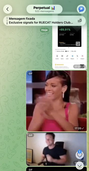Telegram chat with "Perpetual" showing a pinned message about exclusive signals for RUECAT Holders Club, followed by GIFs and a Binance screenshot.