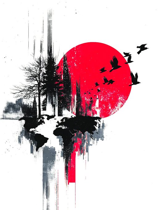 A striking red sun rises over a dark, ink-splattered forest landscape with birds flying across the sky, reflecting downward in a dripping red and black mirrored effect, capturing the hopeful new beginning suggested by "Where Hope Takes Root."