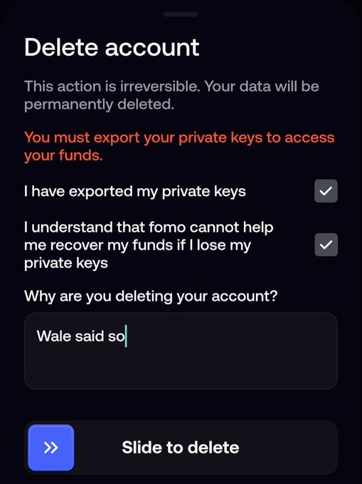 A mobile app screen for 'Delete account' warning the action is irreversible, showing checked confirmation boxes and a reason entered as 'Wale said so' above a 'Slide to delete' button.