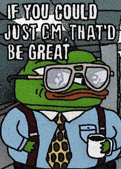 A cartoon meme featuring a green frog wearing glasses, a tie, and suspenders holding a coffee mug, with the text 'IF YOU COULD JUST CM, THAT'D BE GREAT.'