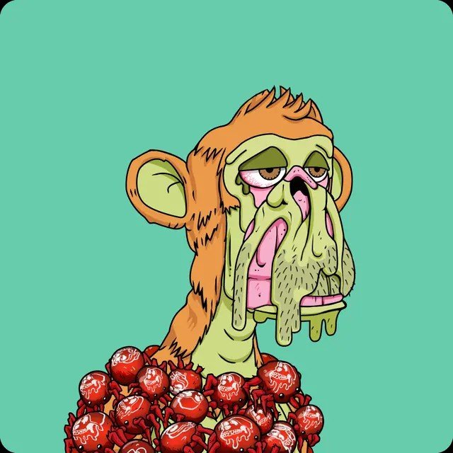 A cartoon monkey with a dripping, zombie-like green face and pink flesh peeks out from behind a cluster of red apples, evoking the decaying aesthetic of a Mutant Ape Yacht Club (MAYC) NFT. The grotesque, mutated design visually reinforces the post's offer of free MAYC tokens, highlighting the collection's signature "mutant" theme.