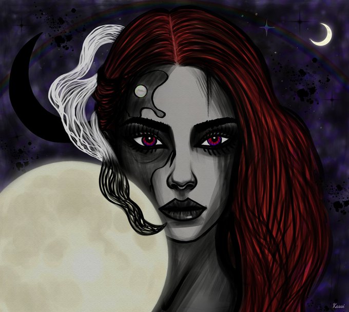 A stylized digital drawing of a woman with half-red, half-white long hair, pale skin, and bright pink eyes, set against a dark purple starry background with a crescent moon.