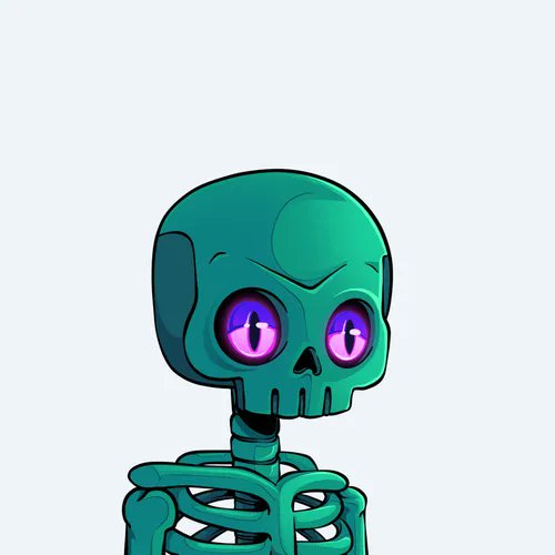 A cute teal skeleton character with glowing purple cat-like eyes and visible ribs, set against a plain gray background.