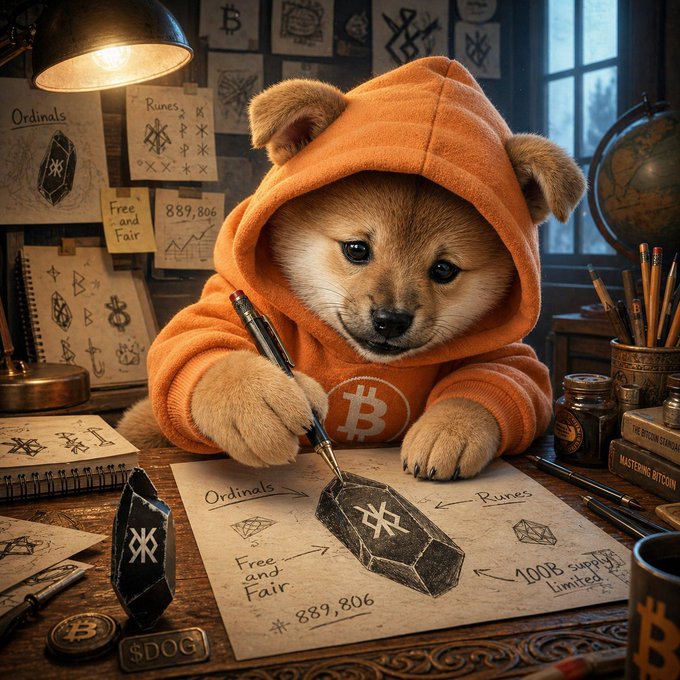A Shiba Inu puppy wearing an orange Bitcoin hoodie sketches "Ordinals," "Runes," "Free and Fair," "#889,806," and "100B supply limited" on paper at a cluttered desk. The image playfully visualizes the "diamond hands" meme through a focused, hardworking crypto-themed scene featuring BTC, DOGE, and references to Bitcoin Ordinals inscriptions.