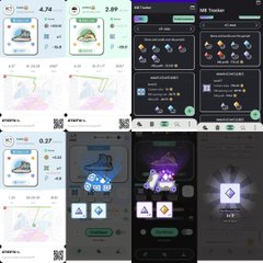 The image shows four different smartphone screens, each displaying a unique app icon for a fitness tracking app called "Stepn". The apps are arranged vertically, with three of them being displayed side by side and one at the bottom right corner. Each app has its own distinct icon representing various aspects of the app's functionality or features. The screens also show different types of shoes, including sneakers and boots, which could be related to the fitness tracking aspect of the app.