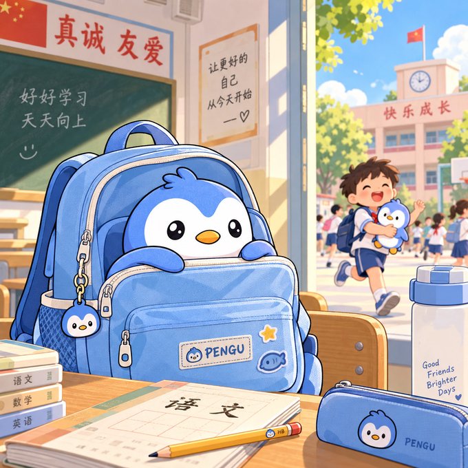 A blue penguin-themed backpack labeled "PENGU" sits on a classroom desk alongside Chinese textbooks (语文/数学/英语), a pencil case, and water bottle, with a joyful boy carrying a matching penguin plushie running out of school under banners reading "真诚友爱" and "快乐成长." The image visually echoes the caption by showing how the PENGU mascot has become a defining symbol of this generation's childhood, blending school life with the cute blue penguin branding.