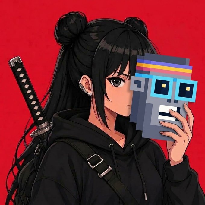 An anime-style illustration of a young woman with black hair in buns, wearing a black hoodie with a sword strapped to her back, holding up a pixelated robot mask in front of her face against a red background.