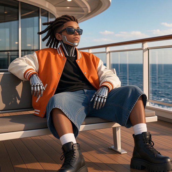 A digitally rendered futuristic person with dreadlocks, sunglasses, and robotic hands sitting on a bench wearing an orange varsity jacket, denim shorts, and black boots, with an ocean in the background.