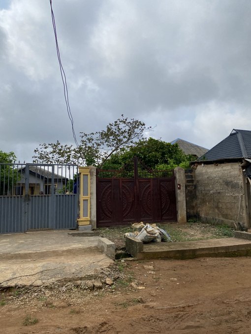 A view of a property's front entrance featuring a large dark red metal gate and a blue side fence, set against a cloudy sky with green vegetation.