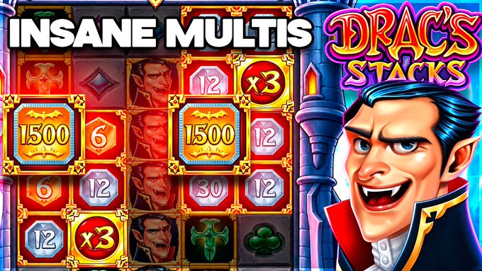 A promotional graphic for an online slot game titled 'DRAC'S STACKS' featuring a cartoon Dracula character and the text 'INSANE MULTIS' over a Dracula-themed slot machine grid.