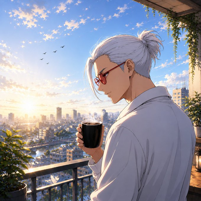 Anime-style illustration of a white-haired character with red sunglasses holding a coffee mug on a balcony overlooking a sprawling city at sunset.