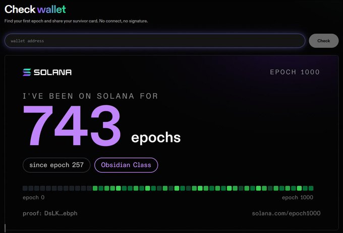 Solana Epoch 1000 survivor card tool showing a wallet has been on Solana for 743 epochs since epoch 257, earning the 'Obsidian Class' rank, with a progress bar and proof code 'DsLK...ebph'.