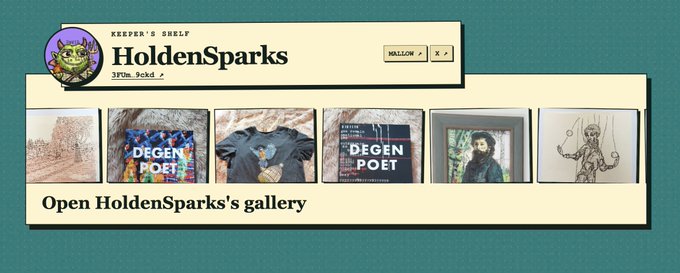 A social media profile page shows 'HoldenSparks' with 3Ptim, 9ckd stats and a gallery featuring 'DEGEN POET' album covers, a person in a hoodie, and an anatomical drawing.