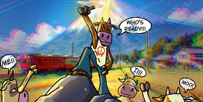 A cartoon cow wearing a skull t-shirt rides atop another cow, raising a glowing scepter while shouting "WHO'S READY!!!" as other cows cheer "ME!!," "I!!!" and "MOO!!" against a vibrant sunset backdrop. The image humorously ties to the post's "H00fz" project, depicting the excited minting moment with its "zero brain, four legs" cow theme and free mint promotion.