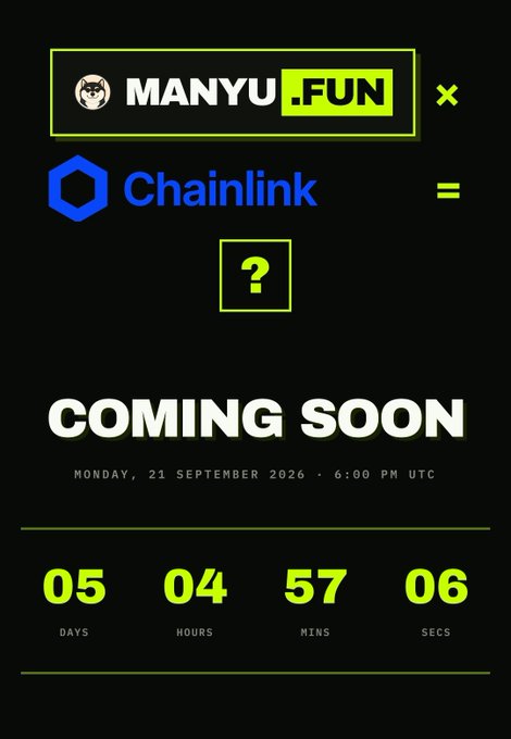 A "Coming Soon" countdown graphic for an event on Monday, 21 September 2026 at 6:00 PM UTC, teasing a collaboration between MANYU.FUN and Chainlink.