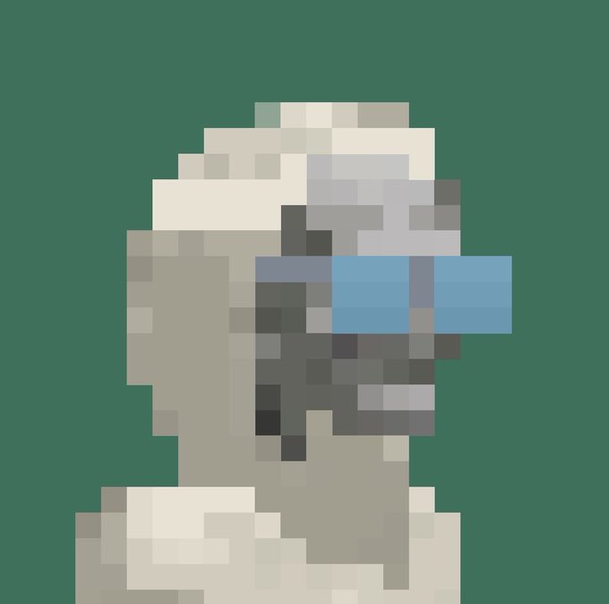 A pixelated, low-resolution digital avatar of a grey and blue robotic character against a dark green background.