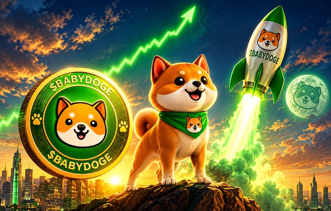 A Shiba Inu dog wearing a green "$BABYDOGE" bandana stands triumphantly on a rocky outcrop beside a giant golden $BABYDOGE coin and a launching rocket emblazoned with the ticker, all set against a glowing skyline with an upward green trend line—visually reinforcing the post's nonstop bullish promotion of $BABYDOGE.