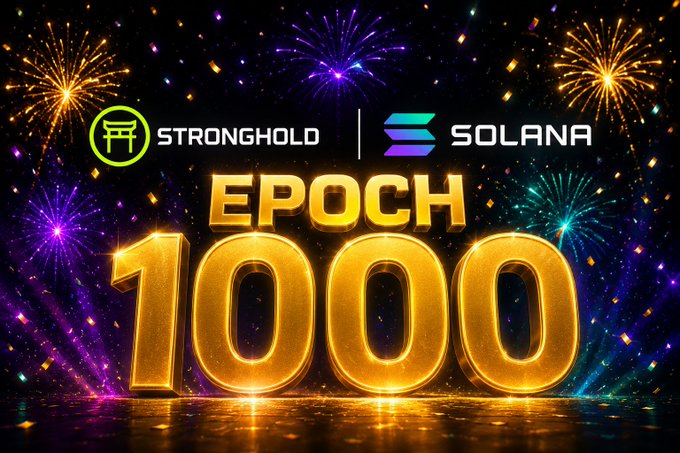 The image is a celebratory graphic featuring fireworks and golden 3D text reading "EPOCH 1000," alongside the Stronghold and Solana logos. It visually celebrates the Solana network's milestone of reaching Epoch 1000, aligning with the congratulatory post dedicated to the Solana community.