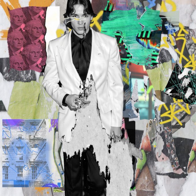 An artistic collage featuring a young man in a white suit jacket and black tie against a vibrant background covered in graffiti, paint splatters, and images of George Washington.