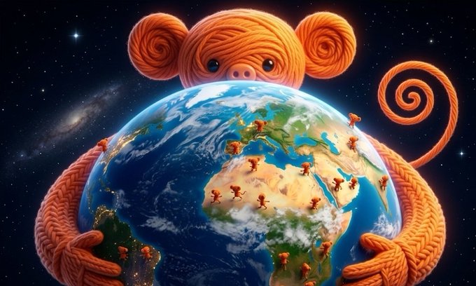 The image features a cartoon monkey holding a globe, surrounded by numerous small orange figures of people. The monkey appears to be hugging the globe with its arms, while the people are scattered around the globe, possibly representing different communities or countries. The overall scene suggests that these individuals are coming together and embracing unity in their efforts to build strong communities across the globe.