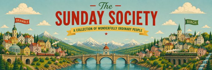 A banner for 'The Sunday Society - A Collection of Wonderfully Ordinary People' featuring an illustrated fantasy landscape with two towns labeled 'BRAMBLE' and 'BIRCH' connected by a bridge over a river.