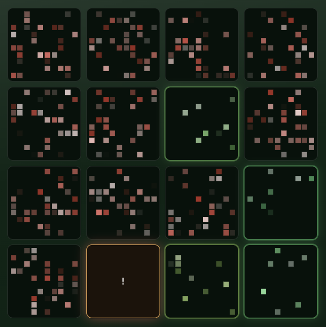 A 4x4 grid of dark pixelated squares with scattered colored pixels, with two squares outlined in green and one outlined in orange containing a small exclamation mark icon.