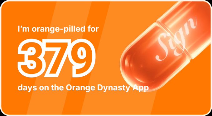 An orange promotional graphic for the Sign app reading 'I'm orange-pilled for 379 days on the Orange Dynasty App,' featuring a large pill capsule with the Sign logo.