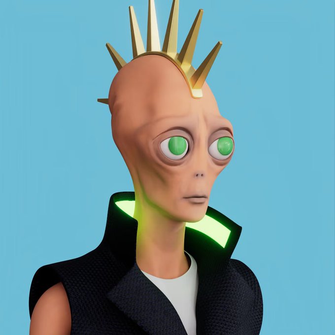 A 3D rendered character with an elongated pale face, glowing green eyes, and a gold crown-like headpiece, wearing a black vest over a white shirt.