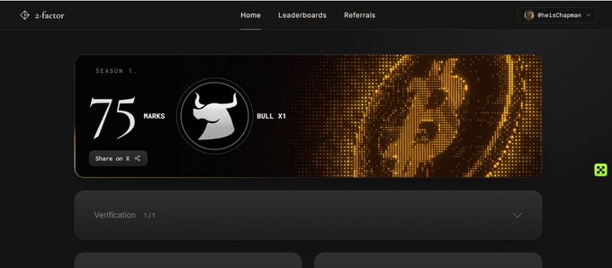 A website interface for 'z-factor' showing a dashboard with '75 MARKS' and 'BULL X1' for user '@RelicChapman'.