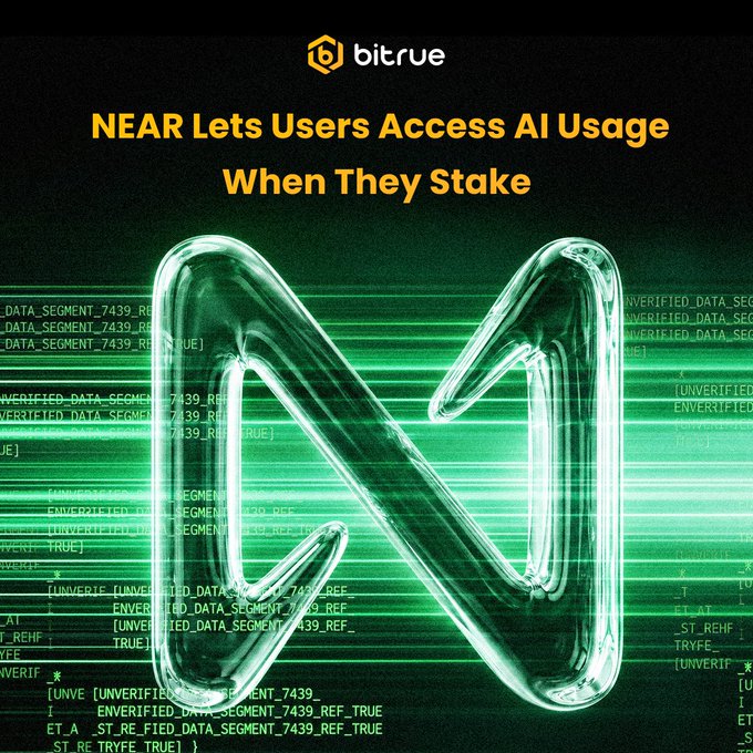 The image is a promotional graphic from Bitrue featuring a glowing green glass-like "N" logo against a dark background with scrolling "DATA_SEGMENT" code, with the headline "NEAR Lets Users Access AI Usage When They Stake." It visually reinforces the announcement that staking NEAR tokens now provides access to AI compute credits through NEAR AI's new staking-based payment system.