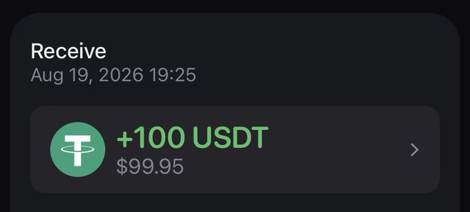 A digital wallet transaction notification showing a 'Receive' of '+100 USDT' ($99.95) dated Aug 19, 2026 19:25, featuring the Tether logo.
