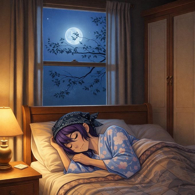 An anime-style illustration of a purple-haired girl wearing a bandana sleeping in a cozy bed at night, illuminated by a warm bedside lamp with a full moon visible through the window.
