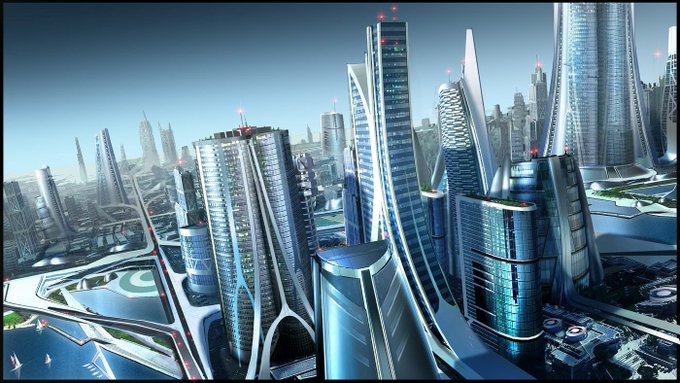 A futuristic cityscape displays sleek, curved skyscrapers with glass facades under a clear blue sky, with waterways winding between the structures.