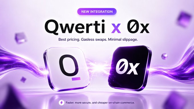 A purple-themed advertisement for a 'NEW INTEGRATION' titled 'Qwerty x 0x', describing 'Best pricing. Gasless swaps. Minimal slippage.' and 'Faster, more secure, and cheaper on-chain commerce.'