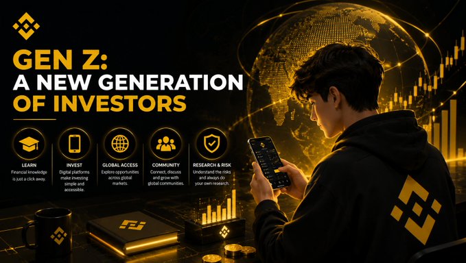The image features a young man in a black hoodie with the Binance logo, intently looking at his smartphone, set against a backdrop of a glowing digital globe and stock market charts. Prominent text reads "GEN Z: A NEW GENERATION OF INVESTORS," accompanied by icons highlighting key themes: "LEARN," "INVEST," "GLOBAL ACCESS," "COMMUNITY," and "RESEARCH & RISK." The visual directly supports the post by illustrating how digital platforms and technology empower Gen Z to engage with global financial markets.